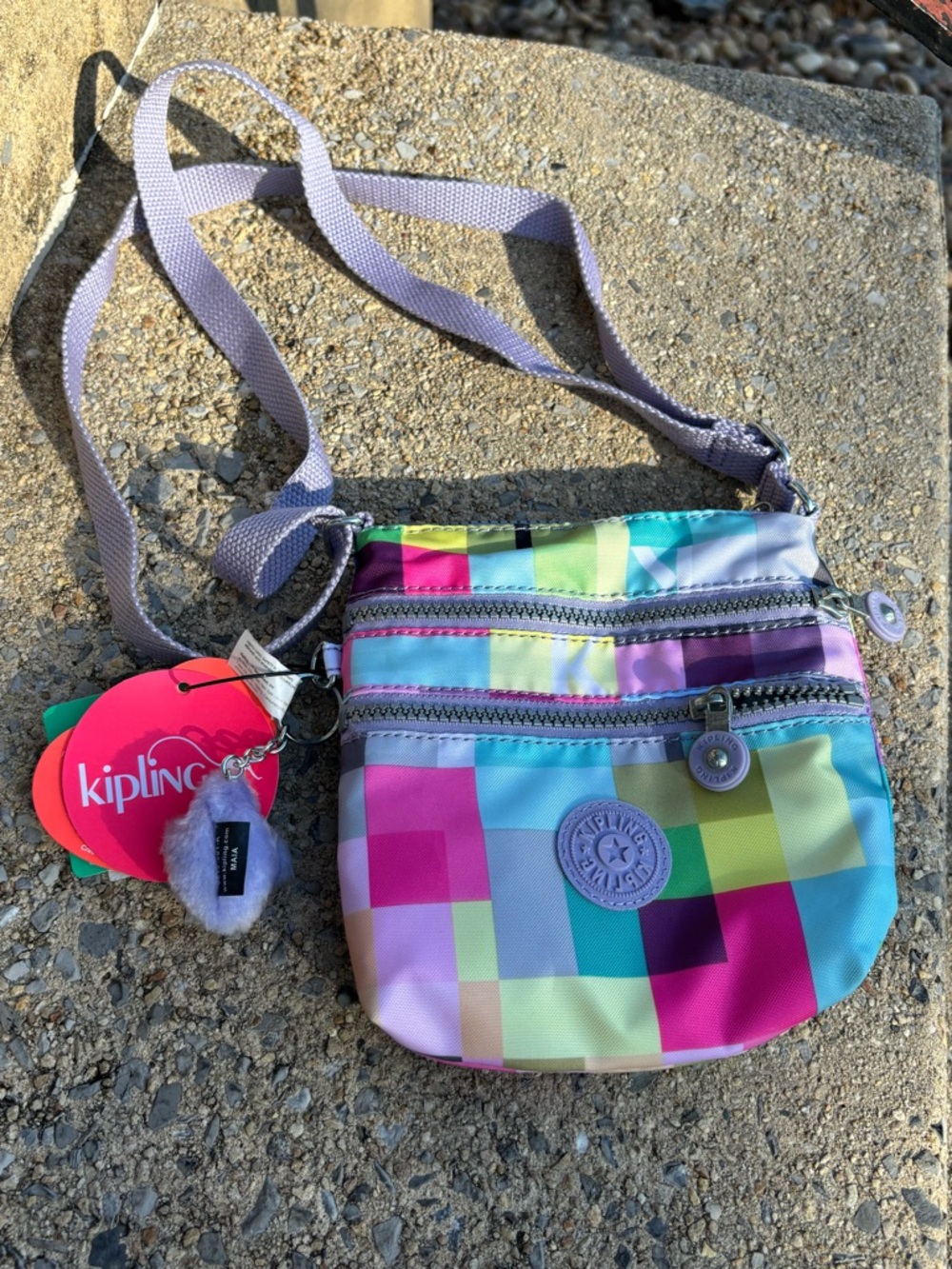 Kipling Multicolor Pixel Crossbody Bag with Lavender Strap